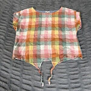 LL Bean Signature‎ XL Linen Tie Front Top Multicolor Gingham Plaid 503765 Womens